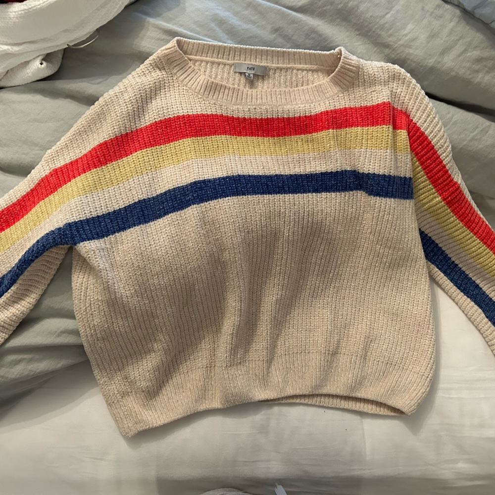White chunk sweater with colorful stripes